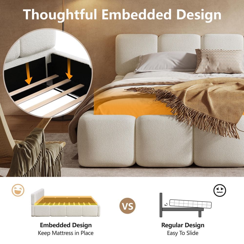 White Wood Frame King Size Upholstered Platform Bed with Boucle Thick Headboard and Footboard, Block Style - thumbnail 5