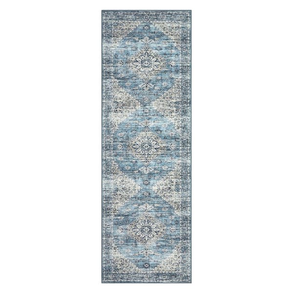 Vintage Printed Blue 2 ft. x 6 ft. Rug Distressed Floral Carpet Soft Non-slip Thin Carpet Living Room Farmhouse Area Rug