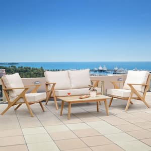 Brown 4-Piece Wood Patio Conversation Set with Grey Cushions and Back Pillow