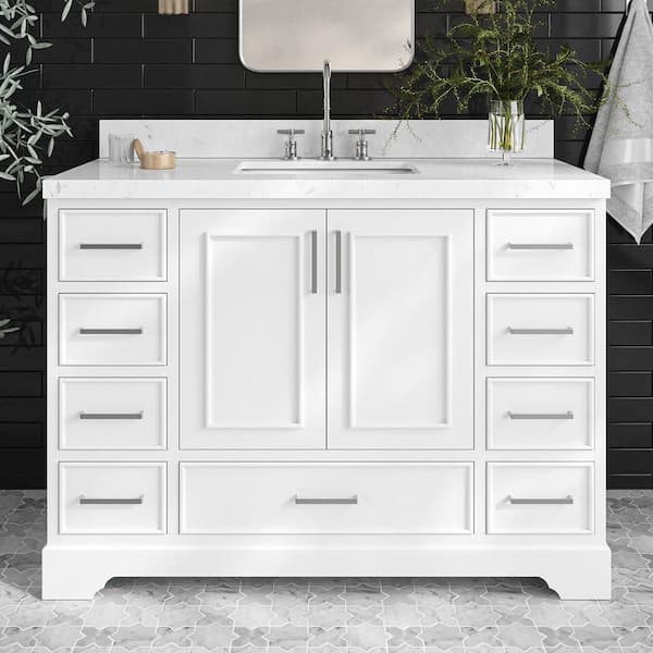 ARIEL Stafford 48 in. W x 22 in. D x 36 in. H Single Sink Freestanding Bath Vanity in White with Carrara White Quartz Top