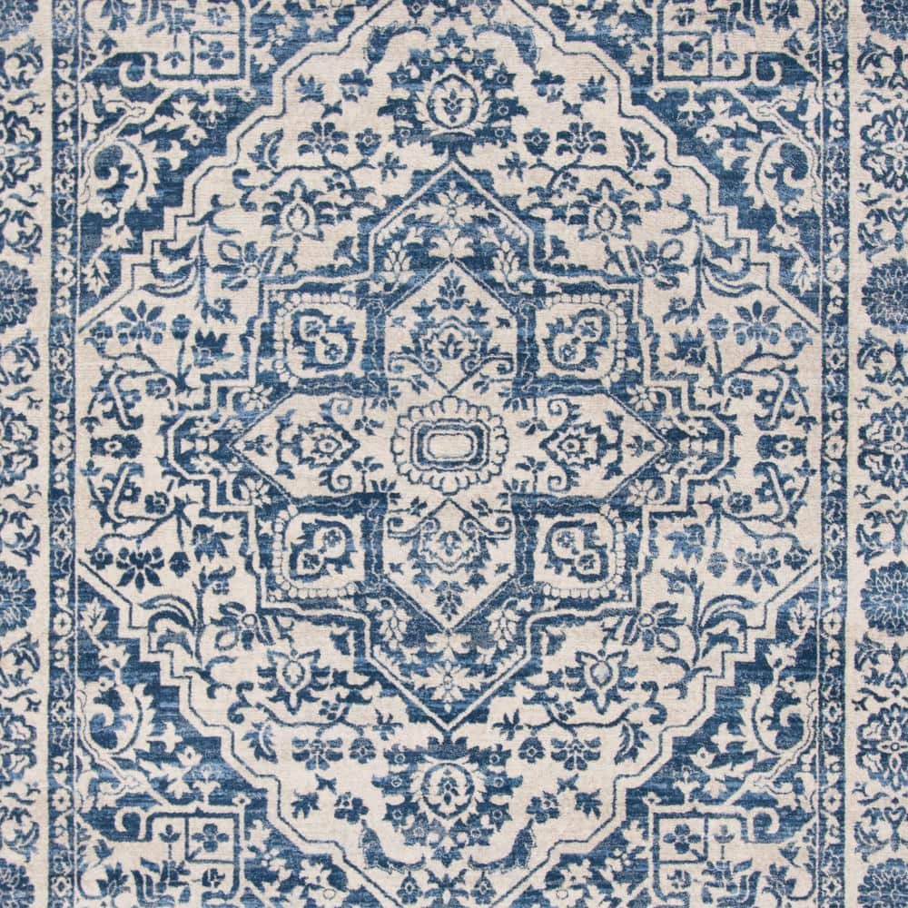 Navy and Light Grey Floral Border 8' x 10' Area Rug