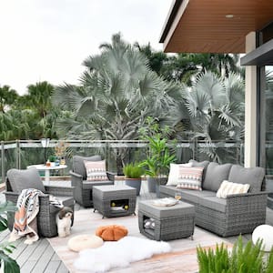 Sierra Black 5-Piece Wicker Multi-Functional Pet Friendly Outdoor Patio Conversation Sofa Set with Dark Gray Cushions