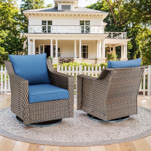 Opohoro SlideArm Metal and Brown Wicker Outdoor Rocking Chair Patio Swivel Chairs with Olefin Navy Blue Cushions (2-Pack)