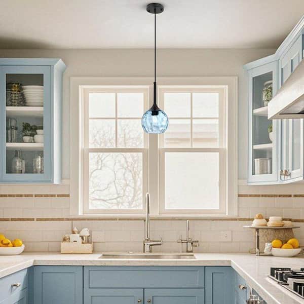 1-Light Matte Black Pendant Light Fixtures Over Island with Blue Hammered Glass Shade