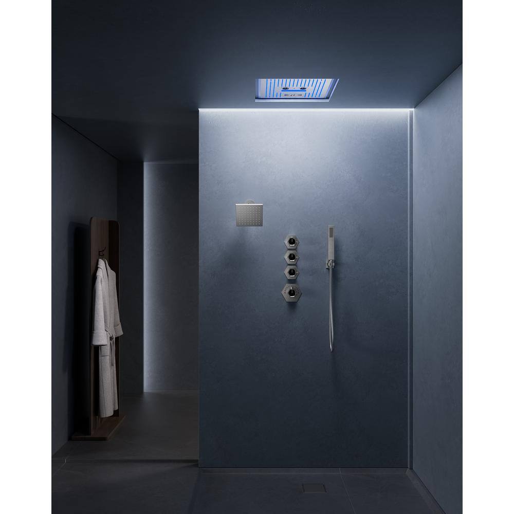 Brushed Nickel LED Thermostatic Dual Showerheads with Bluetooth Speaker