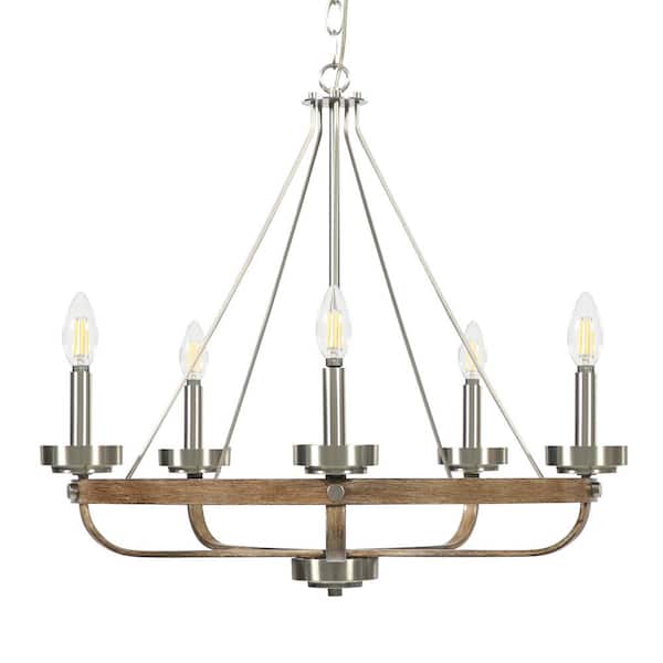 TRIBESIGNS WAY TO ORIGIN Bailey 5-Light Nickel Farmhouse Wagon Wheel Chandelier Dining Room Pendant Light