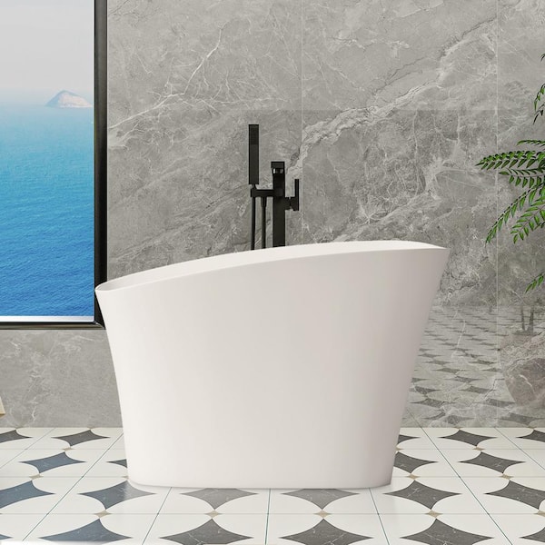 ANGELES HOME 51 in. x 29 in. Solid Surface Stone Resin Soaking Bathtub with Built-In Seat and Drain in White