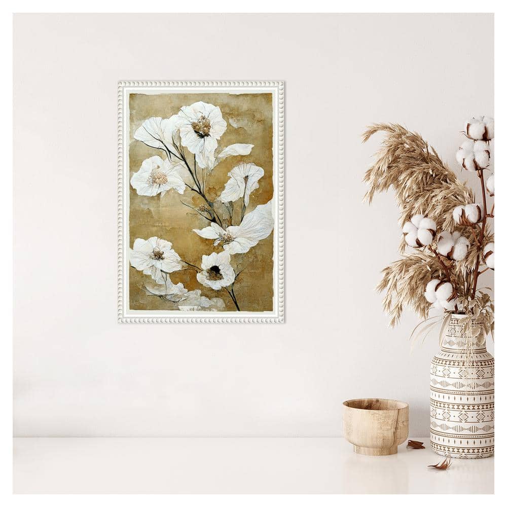 White and Honey Brown Beaded Framed Canvas Wall Art