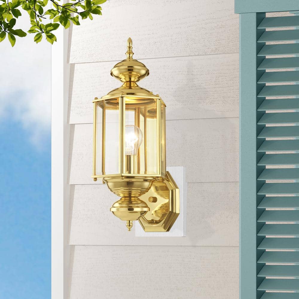 Polished Brass Outdoor Lantern Sconce with Clear Beveled Glass