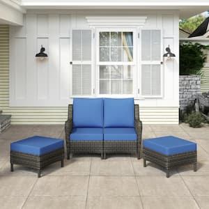 Gray 4-Piece Wicker Patio Conversation Seating Sofa and Ottoman Set with Blue Cushions