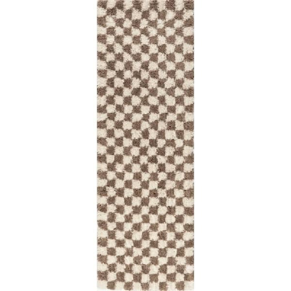 Adelaide Mid-Century Checkered Shag Area Rug Beige 2 ft. 6 in. x 10 ft. Runner Rug
