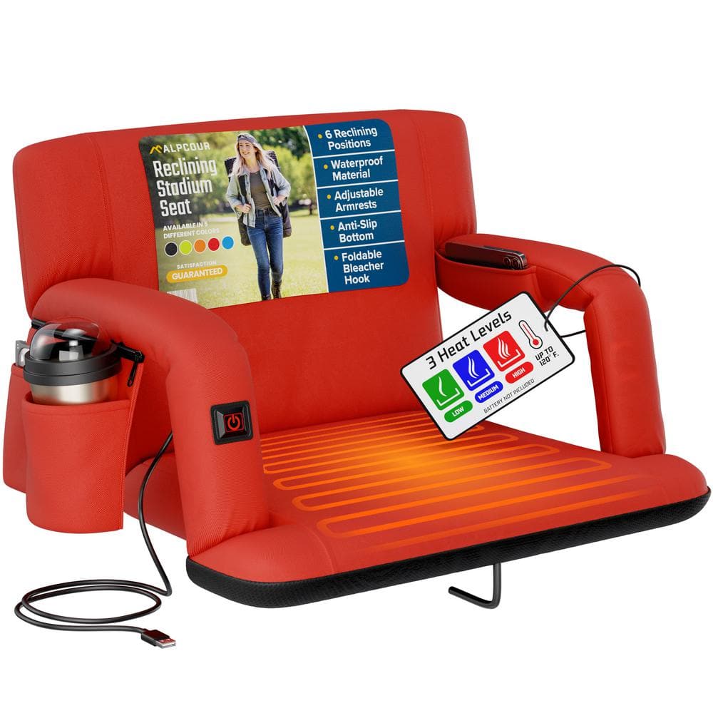 ALPCOUR Heated Reclining Stadium Seat 24 in. Extra-Wide Bleacher Chair w/ Back Support, Cushion, Armrests and Side PocketsRed