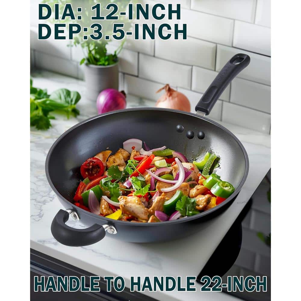 12-Inch Black Hard Anodized Nonstick Wok with Lid