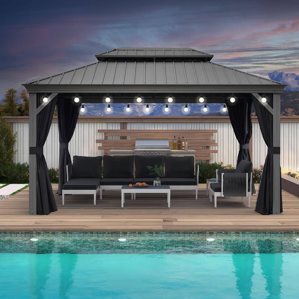 10 ft.x 14 ft.Light Gray Patio Outdoor Gazebo for Backyard Hardtop Aluminum Frame, Hooks, Curtain, Netting and 24-Lights price history on PriceWatchPro