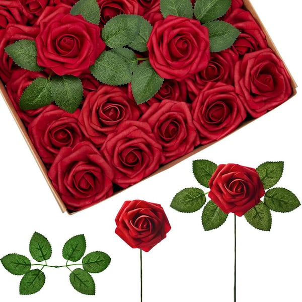 Unbranded 50 Pcs Dark Red 9.84 in. Height Artificial Roses Foam Flowers for Decoration