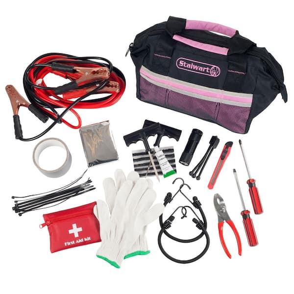 55-Piece Pink Emergency Roadside Kit with Travel Bag