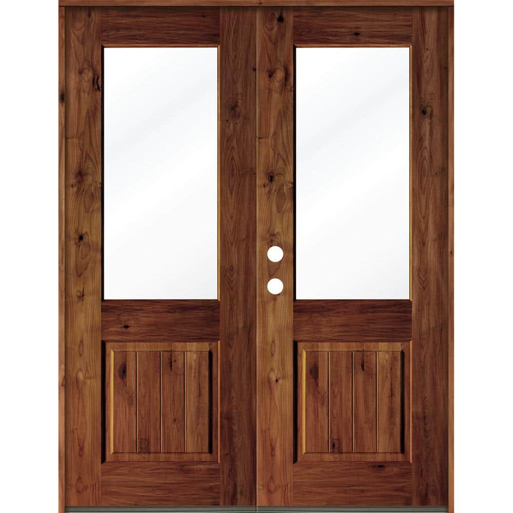 72 in. x 96 in. Rustic Knotty Alder Wood Clear Half-Lite Red Chestnut Stain/VG Right Active Double Prehung Front Door price history on PriceWatchPro