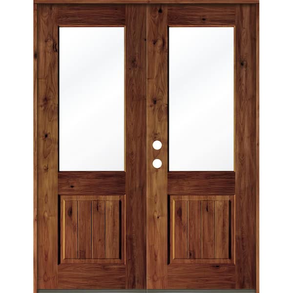 Krosswood Doors 72 in. x 96 in. Rustic Knotty Alder Wood Clear Half-Lite Red Chestnut Stain/VG Right Active Double Prehung Front Door