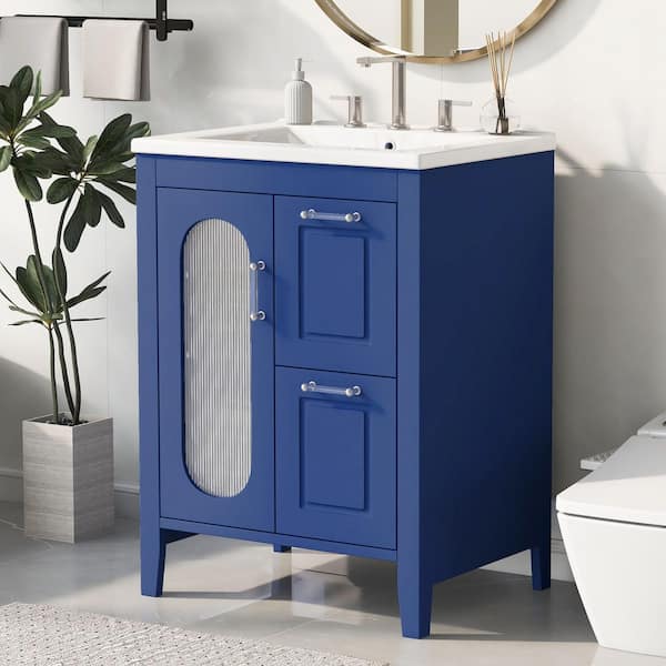 JimsMaison 24 in. W x 18.3 in. D x 33 in. H Freestanding Bath Vanity in Blue with White Ceramic Top