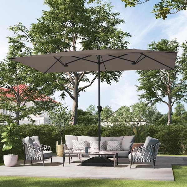 11 x 7 ft. Steel Double-Sided Rectangular Outdoor Market Patio Umbrella with Crank in Taupe