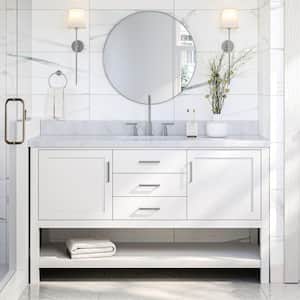 Bayhill 61 in. W x 22 in. D x 36 in. H Bath Vanity in White with Carrara White Marble Top