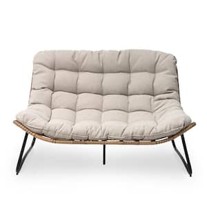 Pattened Metal Double Papasan Outdoor Loveseat with Beige Cushion