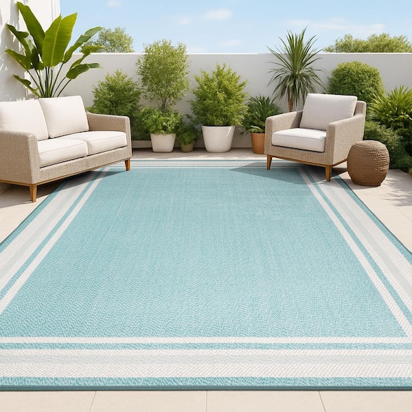 James Modern Border Stripe Aqua/Beige 5 ft. x 8 ft. Indoor/Outdoor Area Rug