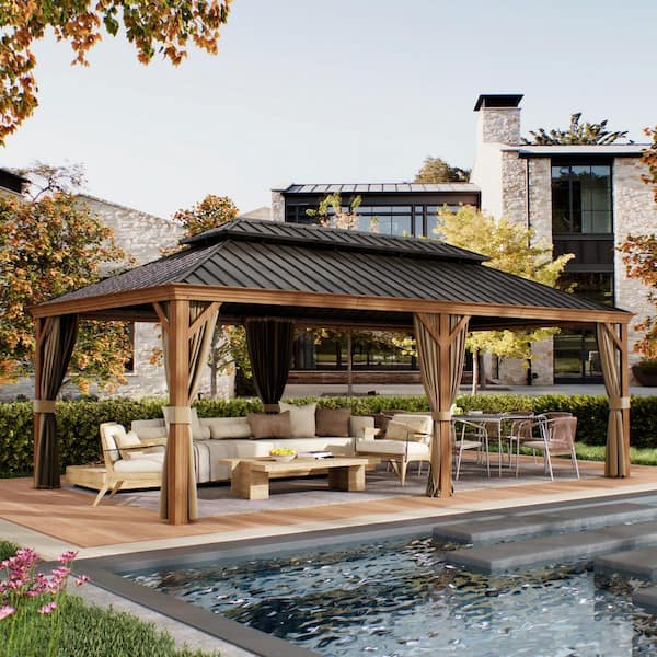 12 ft. x 22 ft. Double Galvanized Steel Roof Aluminum Frame Outdoor Patio Hardtop Gazebo Wooden Finish Coated