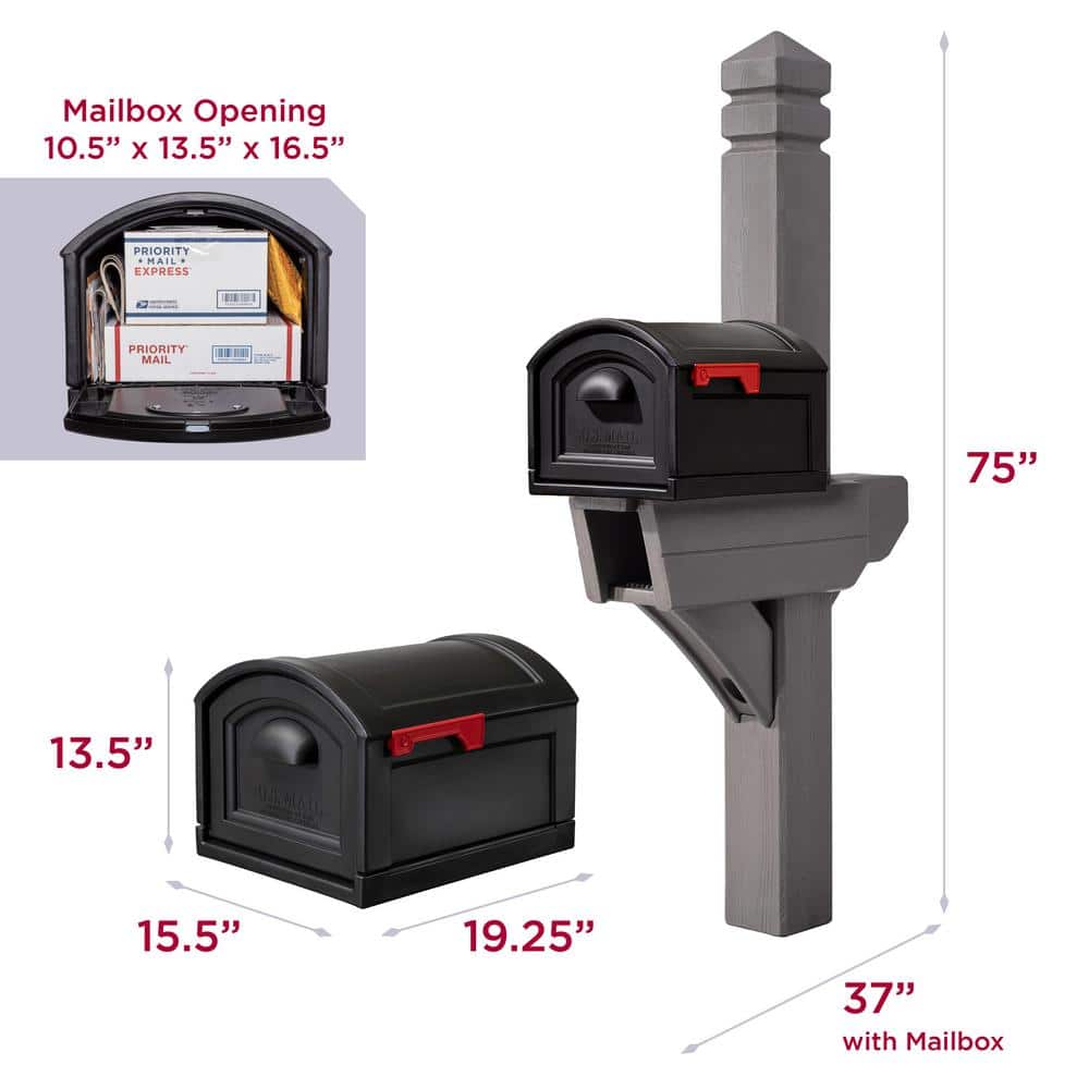 Highland Extra Large Black and Gray Plastic Mailbox with Wood Post