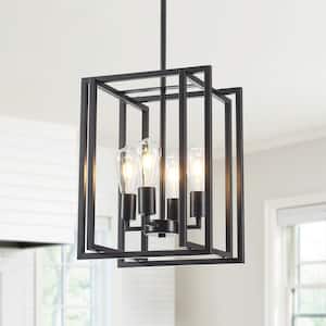 4-Light Black Farmhouse Geometric Dimmable Chandelier Adjustable Height Lantern Pendant Light for Bedroom Living Room