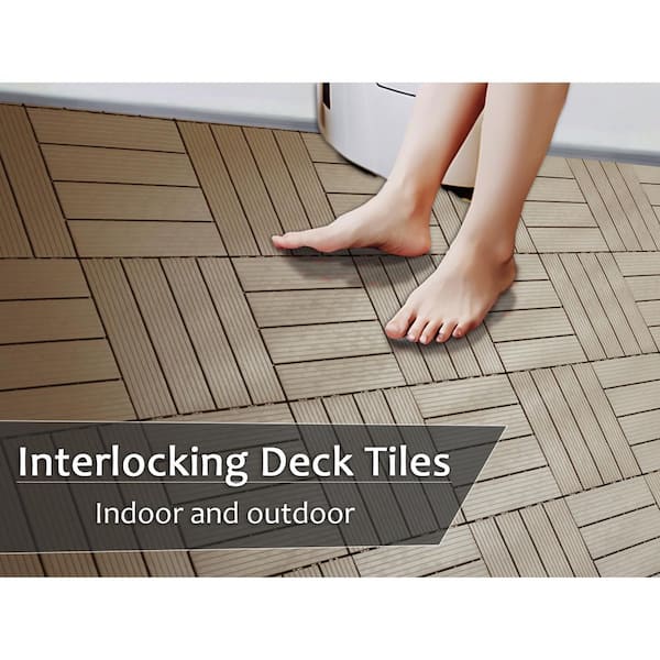 GOGEXX 12 in. W x 12 in. L Outdoor Stripe Plastic Composite Flooring Deck Tiles (35 Per Box), Brown
