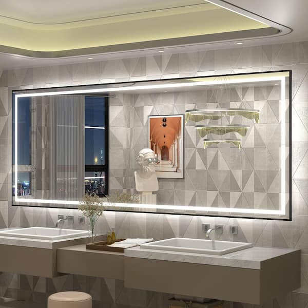84 in. W x 32 in. H Rectangular Framed Front and Back LED Lighted Anti-Fog Wall Bathroom Vanity Mirror in Tempered Glass