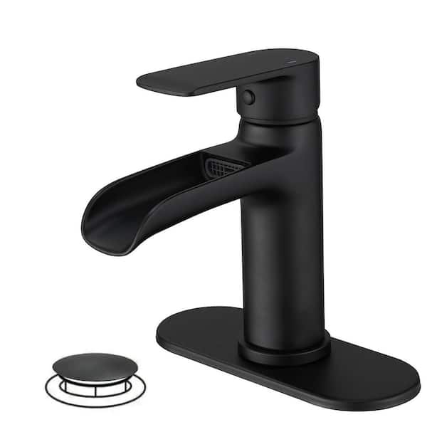 Waterfall Single Handle Single Hole Modern Bathroom Faucet Bathroom Drip-Free Vanity Sink Faucet in Matte Black