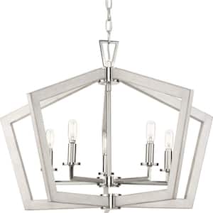 Galloway 5-Light 19.25 in. Brushed Nickel Modern Farmhouse Chandelier with Grey Washed Oak Accents