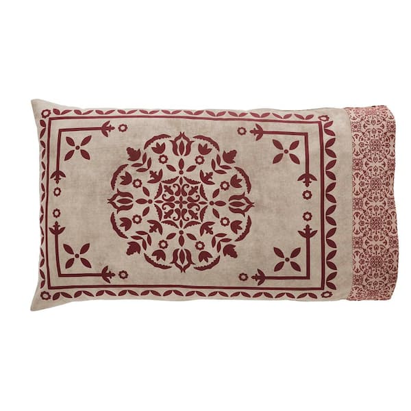 VHC Brands Custom House Burgundy Tan Primitive Jacquard Medallion Cotton Blend Standard Pillowcase Set of 2