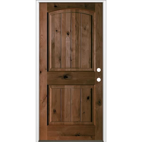 36 in. x 80 in Rustic Knotty Alder Top Arch V-Groove Left-Hand/Inswing BEHR Espresso Stain Wood Prehung Front Door