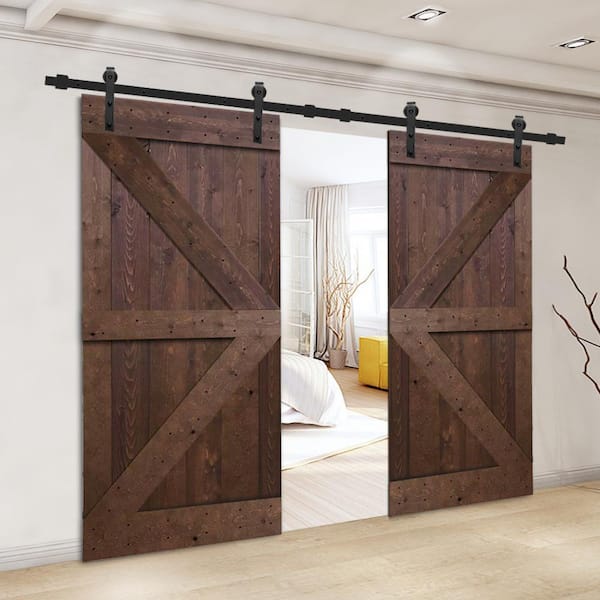 K Series 72 in. x 84 in. Walnut Stain Solid Knotty Pine Wood Double Interior Sliding Barn Doors with Hardware Kit