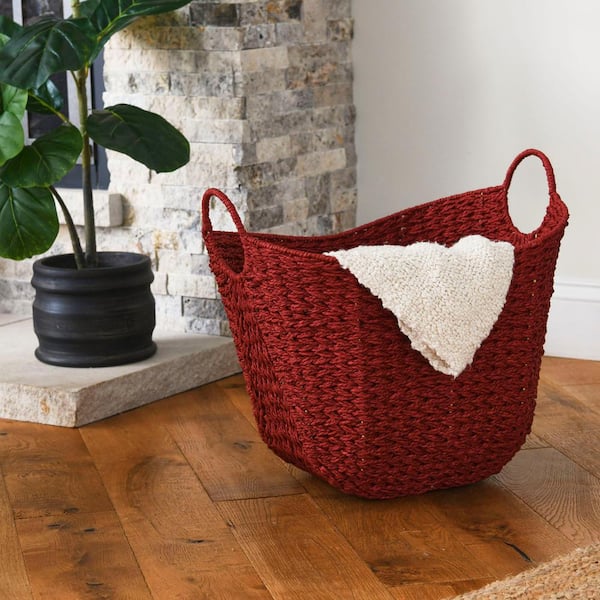 HOUSEHOLD ESSENTIALS Tall Scoop Basket in Burgundy with Paper Rope