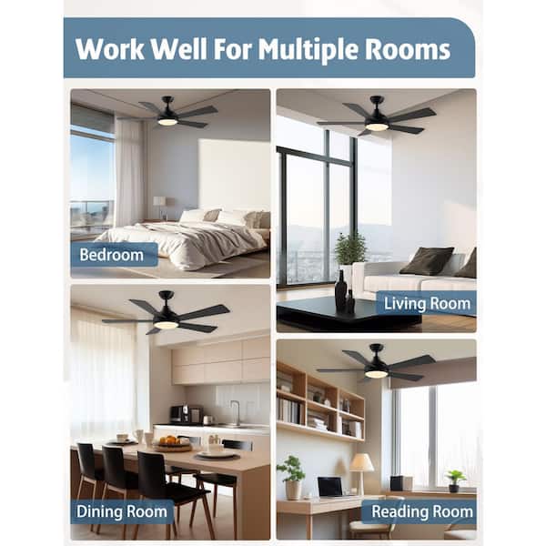 52 in 5-Blade Downrod Mount Ceiling Fans in Black with Dimmable LED Lights and Remote, Quiet Reversible DC Motor