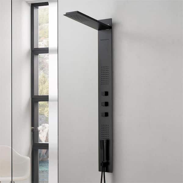 BWE 4-Jet Rainfall Shower Panel System with Rainfall Shower Head and Shower Wand in Black