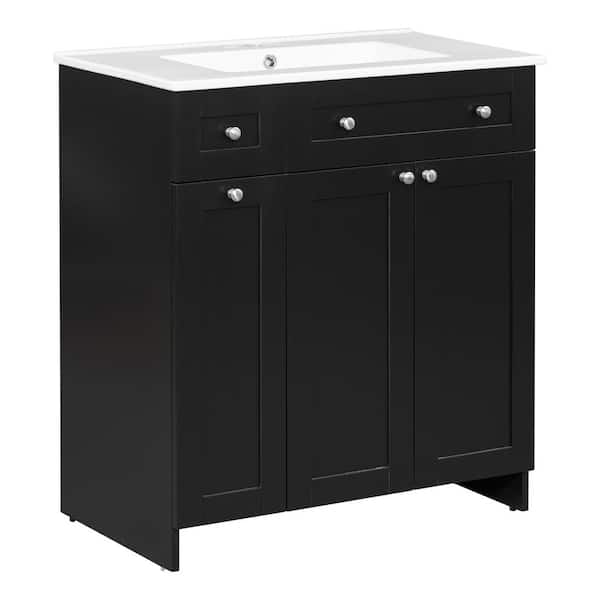 30 in. W Single Sink Bath Vanity in Black with White Ceramic Top, 2 Soft-close Doors and Double-tier Deep Drawer