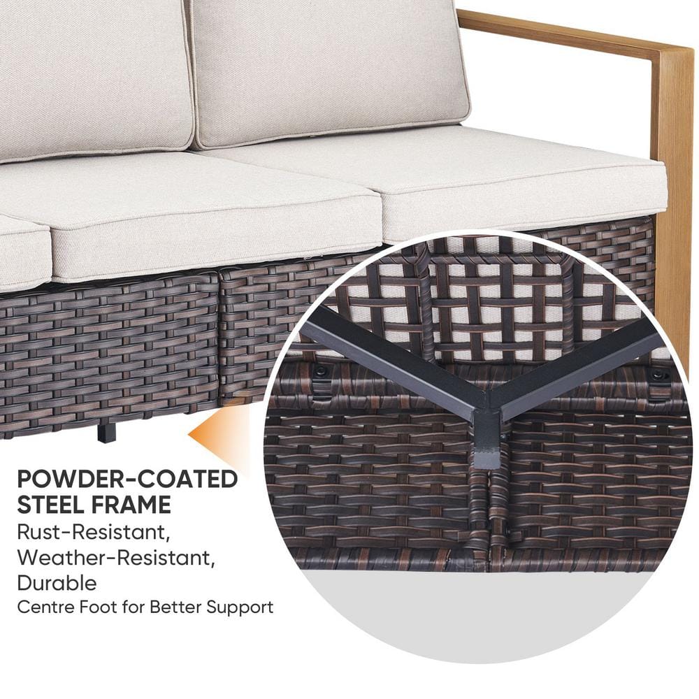 Brown Wicker and Steel Outdoor 3-Seat Sectional Sofa with Beige Cushions