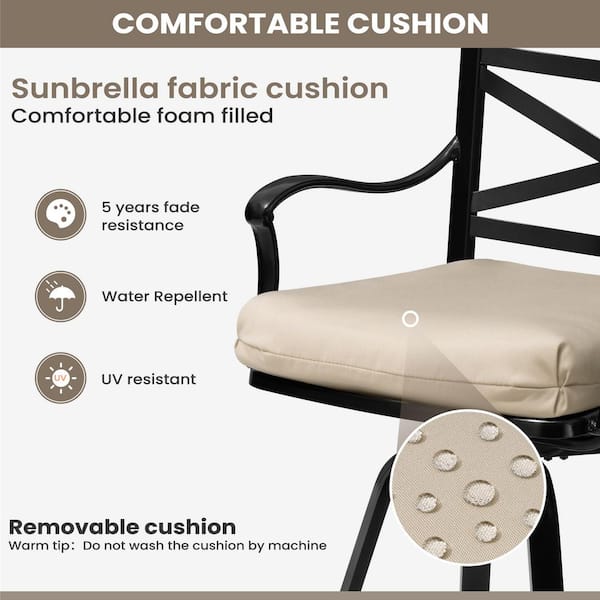 Swivel Cast Aluminum Outdoor Bar Stool with Sunbrella Canvas Antique Beige Cushion for Patio, Balcony, Garden (4-Pack)