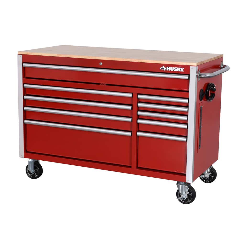 Husky 52 in. W x 24.5 in. D Standard Duty 10-Drawer Mobile Workbench Tool Chest with Solid Wood Top in Gloss Red, Gloss Red with Silver Trim -  H52MWC10RED
