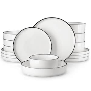 16-Piece White Black Rim Porcelain Dinnerware Set Service for 4-Bowls and Plates Set Tableware Round Dinner Set