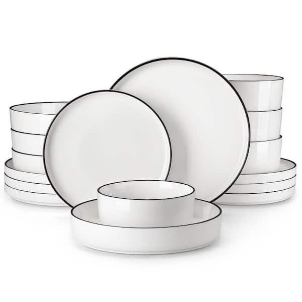 16-Piece White Black Rim Porcelain Dinnerware Set Service for 4-Bowls and Plates Set Tableware Round Dinner Set