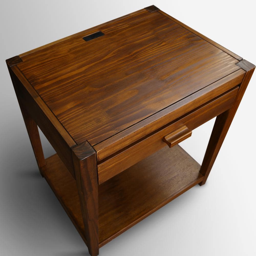 Warm Brown Solid Wood Nightstand with USB Ports