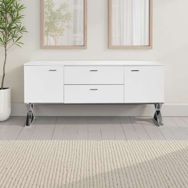 Rix White and Chrome Wood 69 in. Sideboard Buffet Console with X Chrome Legs