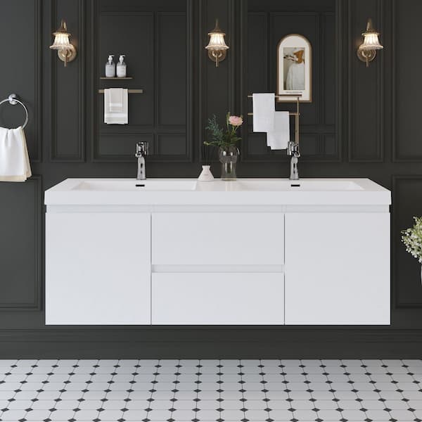 FAMYYT Luxe Aura 60 in. W x 20 in. D x 22.5 in. H Large Double Sink Floating Bath Vanity in White with White Resin Top