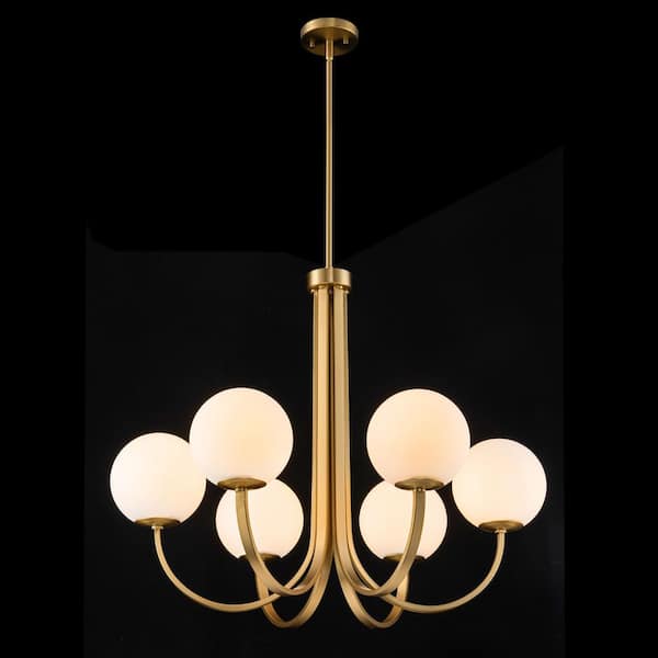 Sybil 6-Light 32.2 in. Modern Gold Linear Cluster Globe Chandelier with Frosted Opal Glass Shade